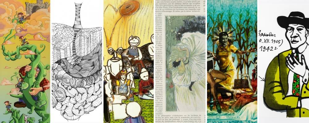 Detail images of six examples of storytelling and illustration from the GVSU Art Museum.
